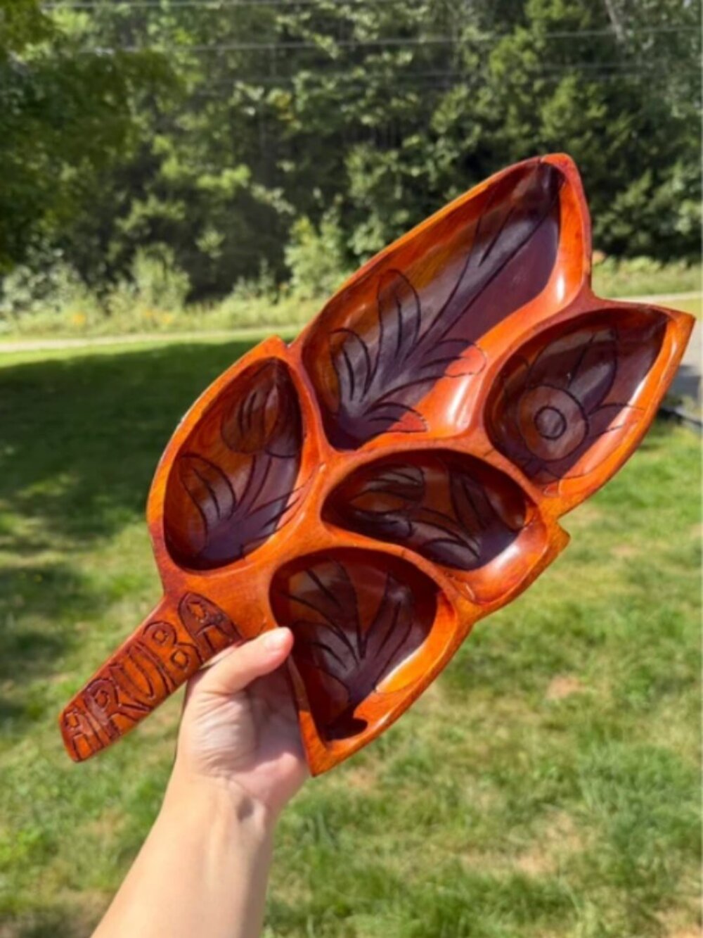 Hand-Carved Wooden Divided Leaf Tray Monkeypod Wood Aruba Souvenir MCM Mid-Centu
